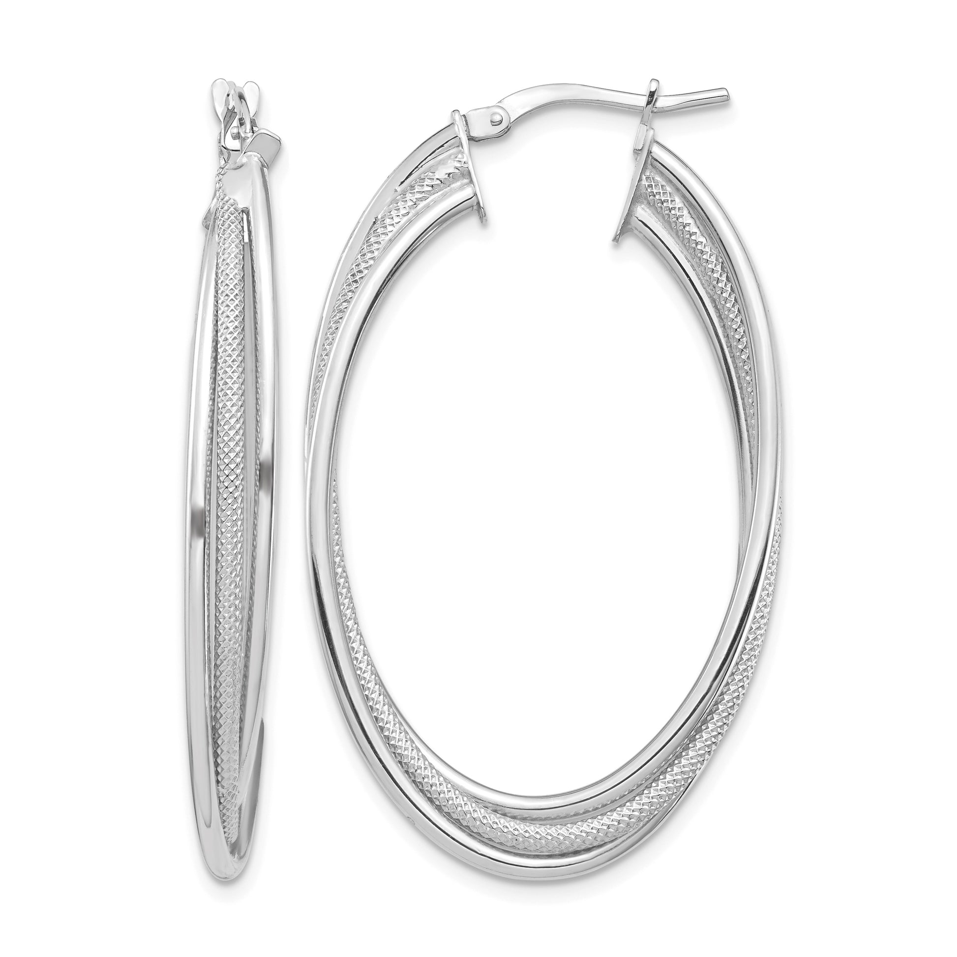 14k White Gold Polished and Textured Twisted Fancy Oval Hoop Earrings