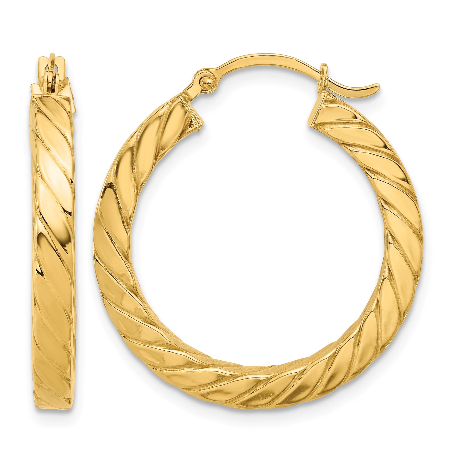 14k Polished & Twisted 3mm Square Tube Hoop Earrings
