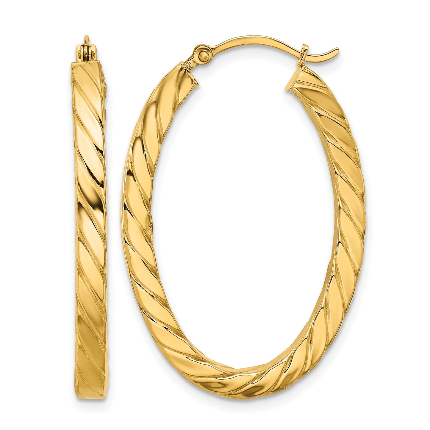 14k Polished & Twisted 3mm Square Tube Oval Hoop Earrings