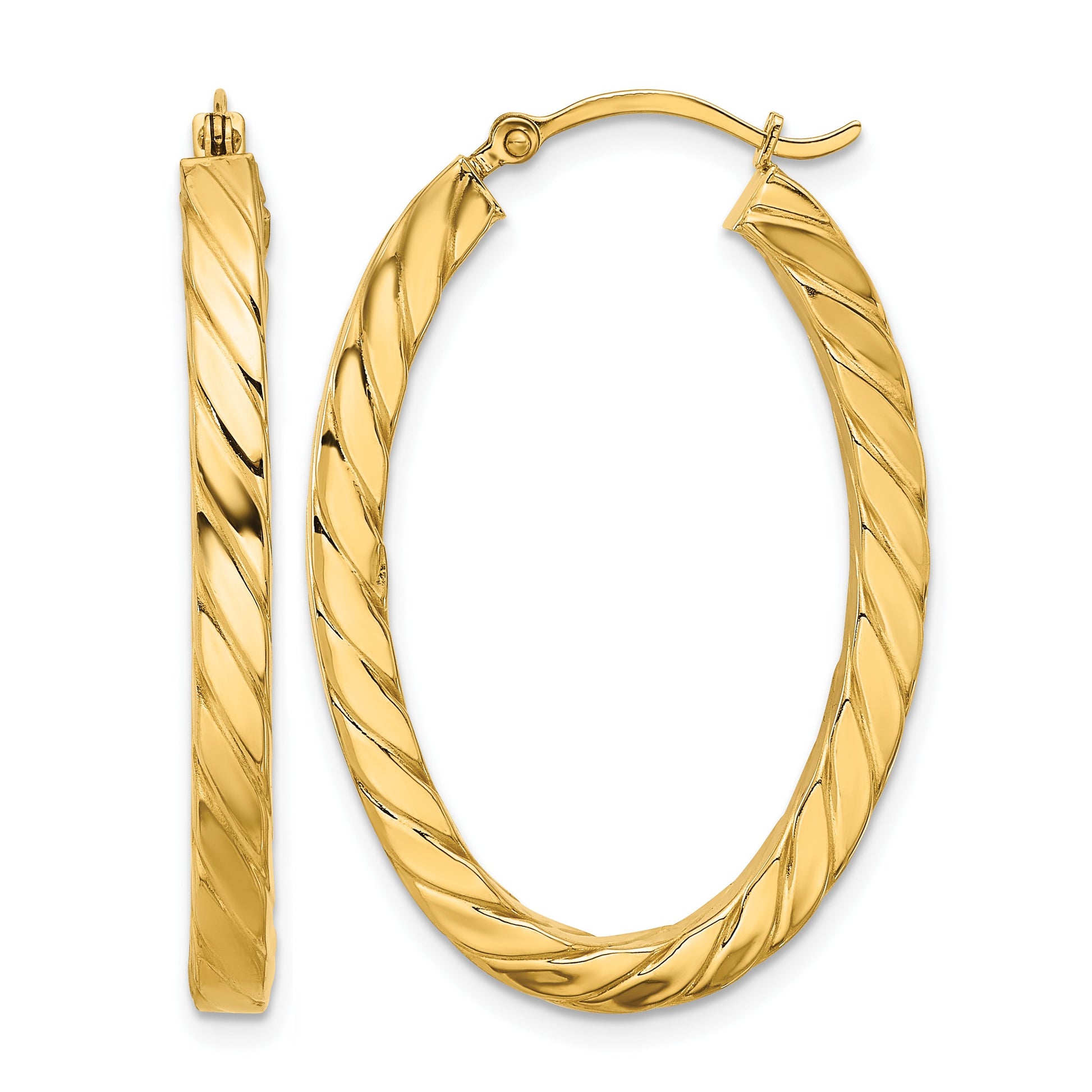 14k Polished & Twisted 3mm Square Tube Oval Hoop Earrings