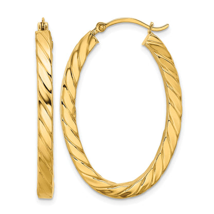 14k Polished & Twisted 3mm Square Tube Oval Hoop Earrings