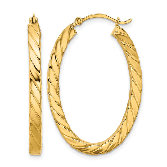 14k Polished & Twisted 3mm Square Tube Oval Hoop Earrings