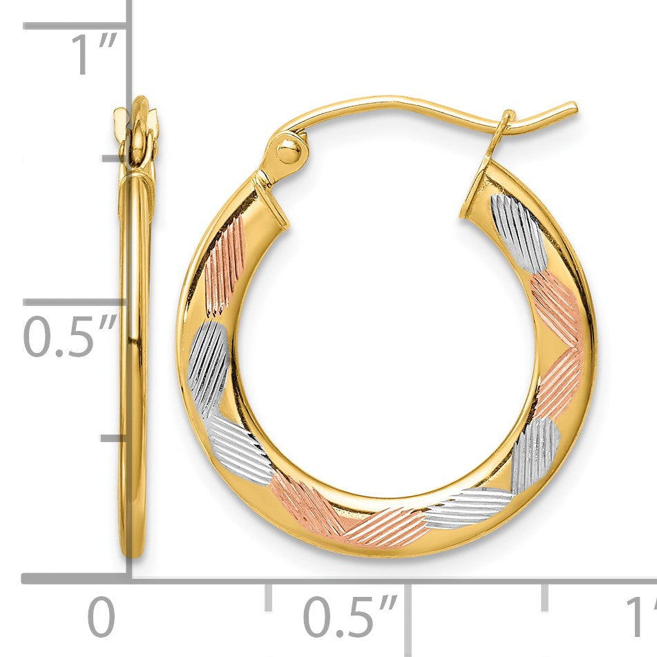 14k w/White and Rose Rhodium Diamond-cut Hoop Earrings