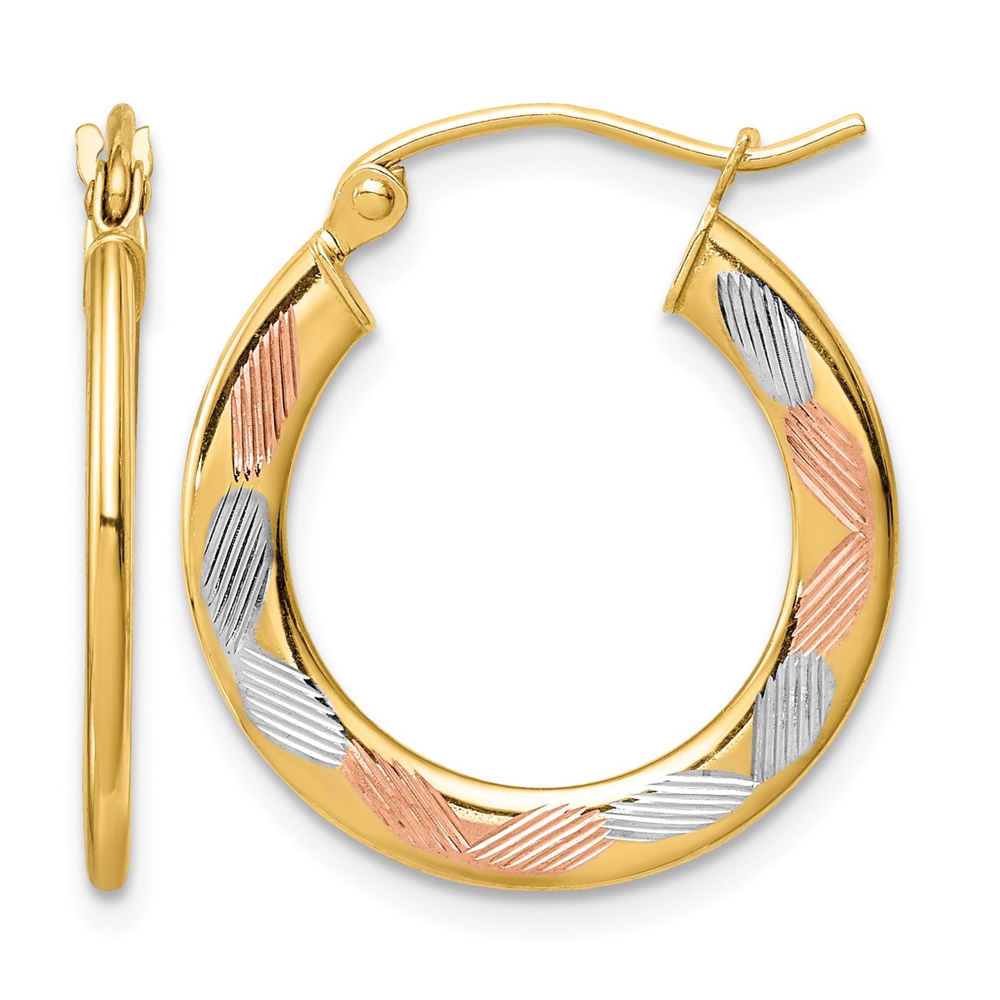 14k w/White and Rose Rhodium Diamond-cut Hoop Earrings