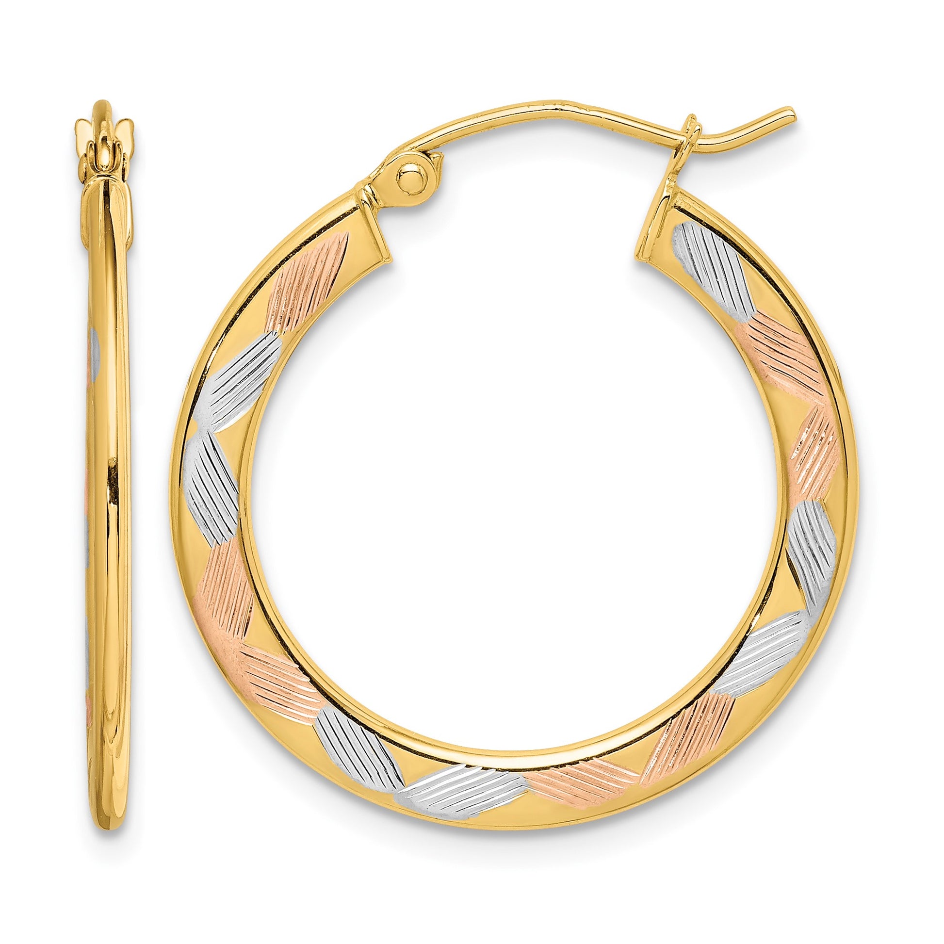 14k w/White and Rose Rhodium Diamond-cut Hoop Earrings