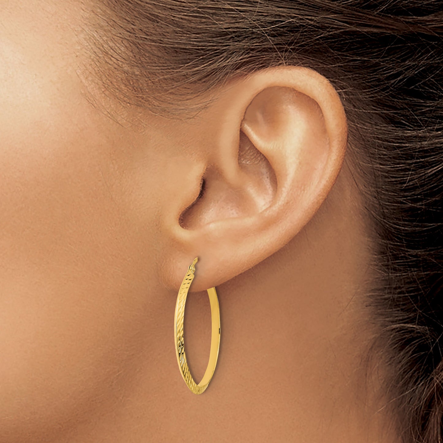 14K 2.00x33mm Polished Diamond-Cut Knife-Edge Tube Hoop Earrings