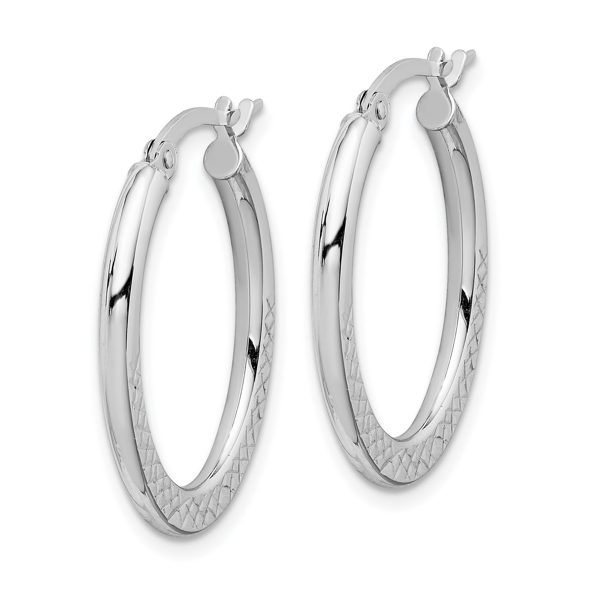 14K White Gold 2x25mm Diamond-cut Oval Hoop Earrings