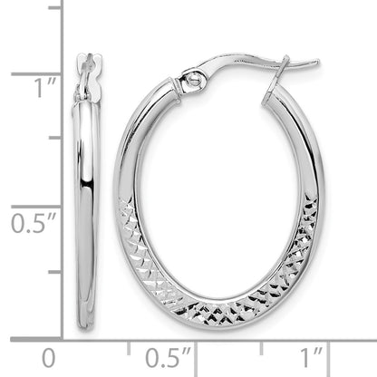 14K White Gold 2x25mm Diamond-cut Oval Hoop Earrings