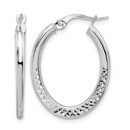 14K White Gold 2x25mm Diamond-cut Oval Hoop Earrings