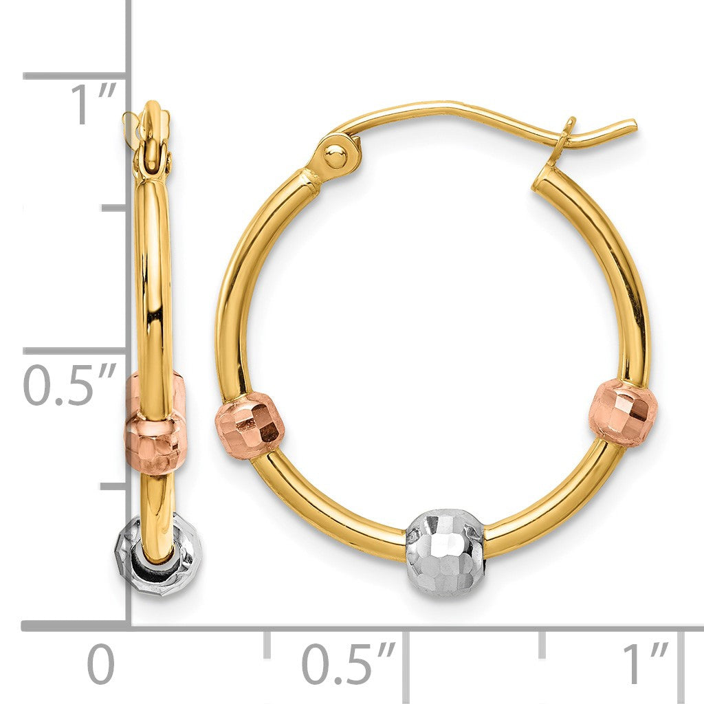 14k Polished with D/C Beads Tri-color Hoop Earrings