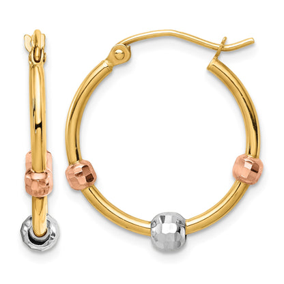 14k Polished with D/C Beads Tri-color Hoop Earrings