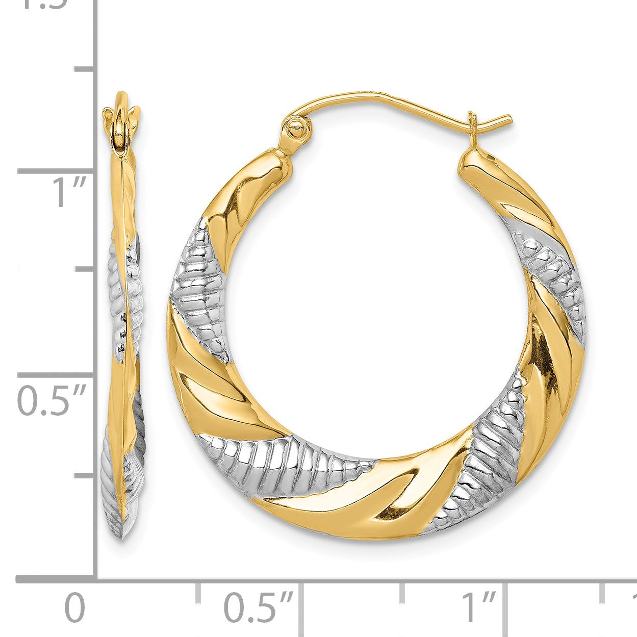 14K & Rhodium Textured Stamped Hoop Earrings