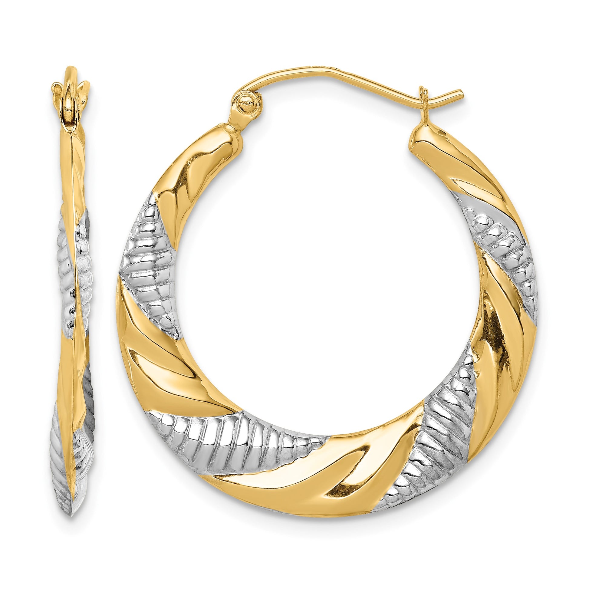 14K & Rhodium Textured Stamped Hoop Earrings