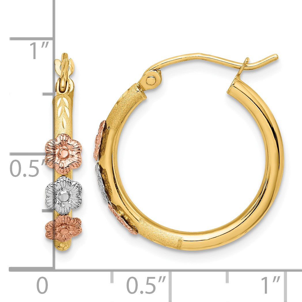 14k Polished & Satin Tri-color Flower Hoop Earrings