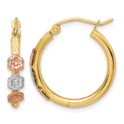 14k Polished & Satin Tri-color Flower Hoop Earrings