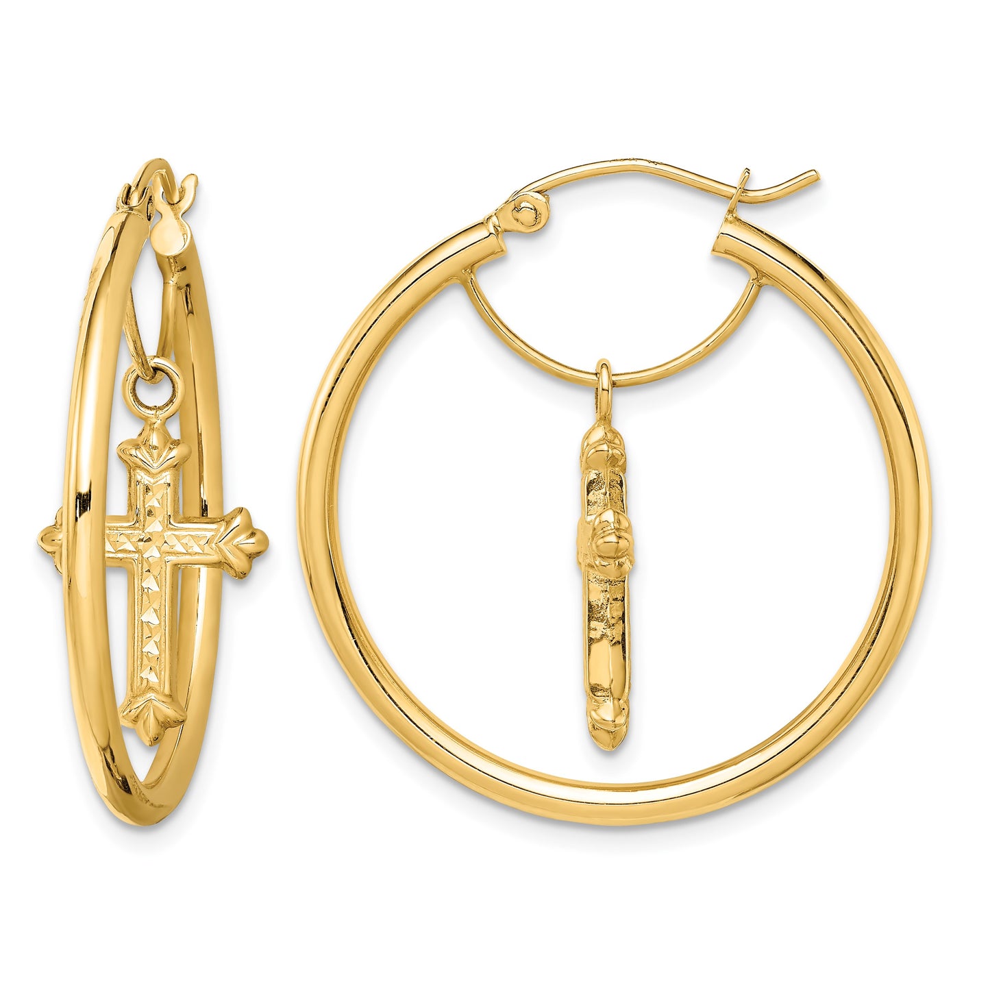 14k with D/C Cross Dangle Hoop Earrings
