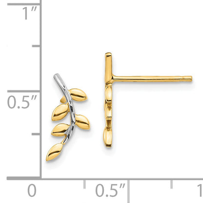 14K and White Rhodium Leaves Post Earrings