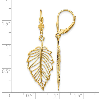 14K Polished Cut-out Leaf Dangle Leverback Earrings