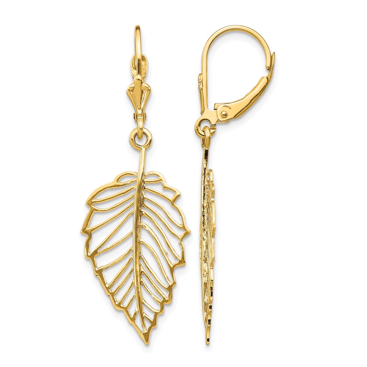 14K Polished Cut-out Leaf Dangle Leverback Earrings