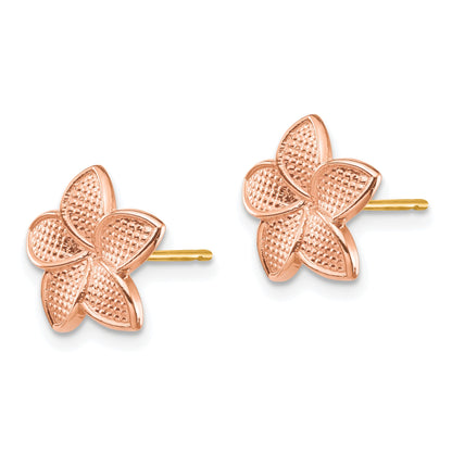 14K Rose Gold Polished and Textured Plumeria Earrings with Yellow Gold Post and Earring Backs