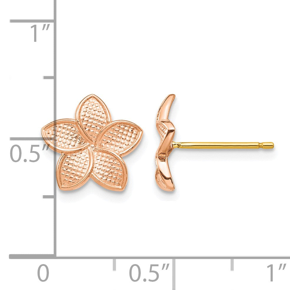 14K Rose Gold Polished and Textured Plumeria Earrings with Yellow Gold Post and Earring Backs