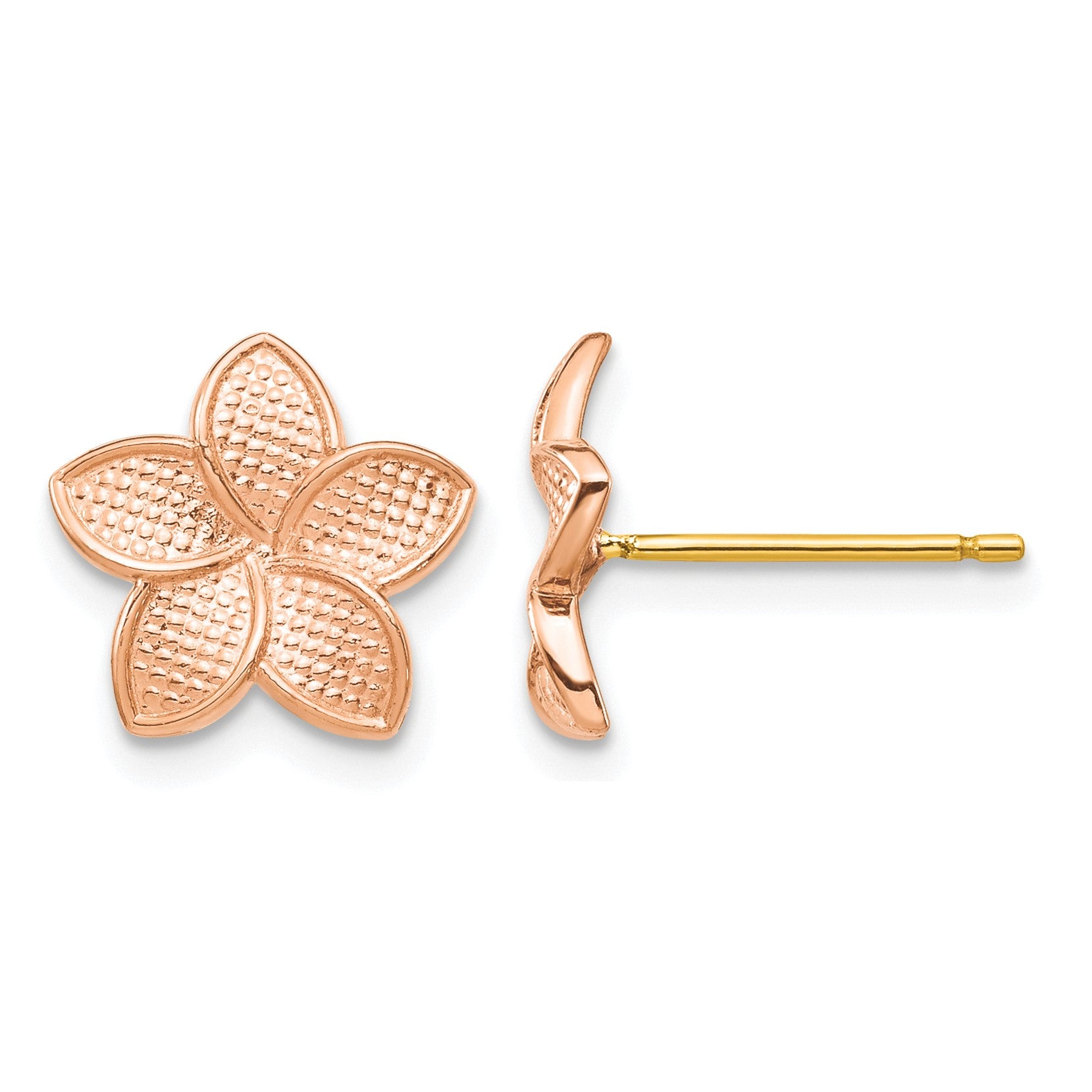 14K Rose Gold Polished and Textured Plumeria Earrings with Yellow Gold Post and Earring Backs
