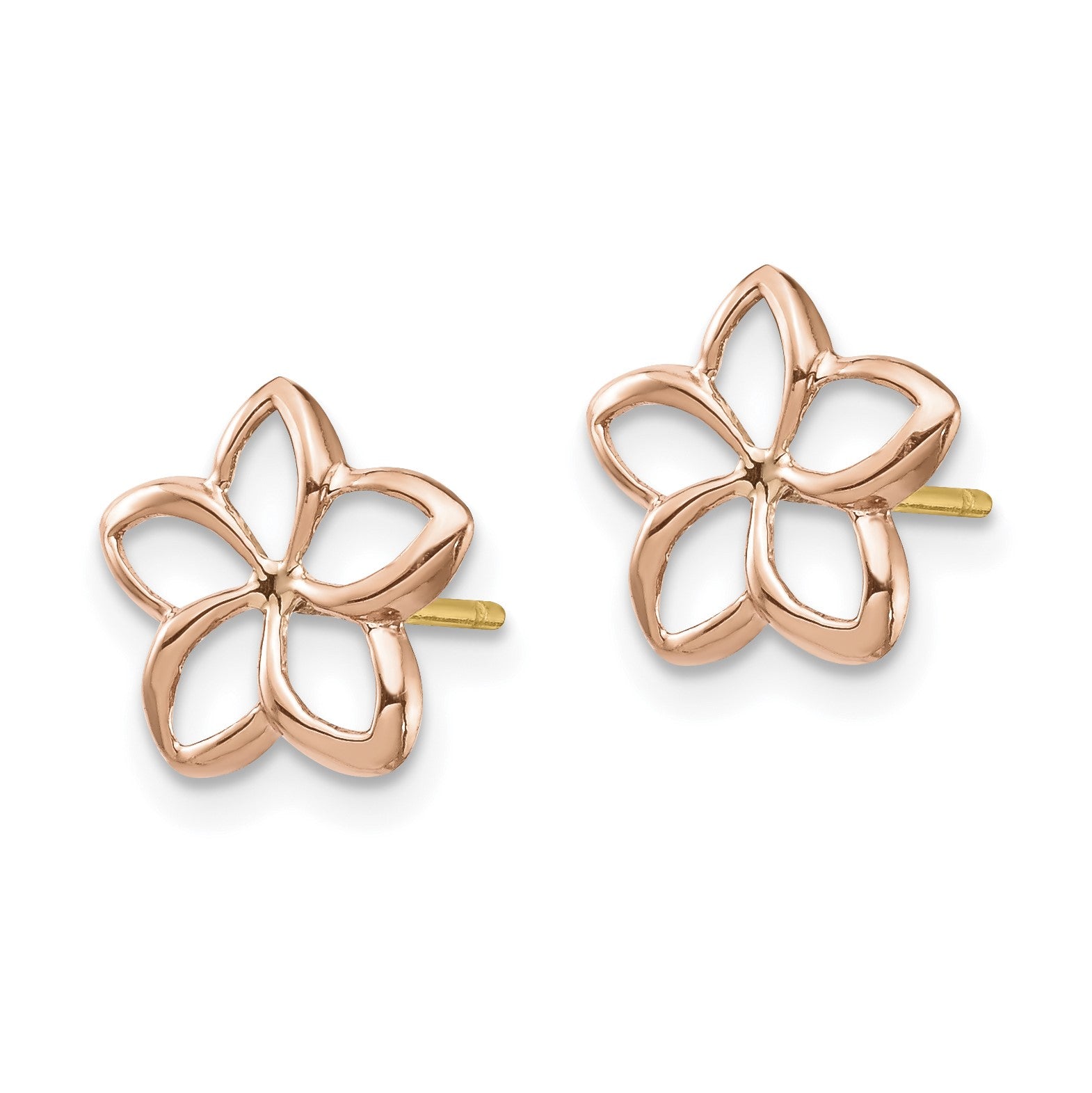 14K Two-tone Rose Gold with Yellow Gold Post Polished Plumeria Cut-out Post Earrings