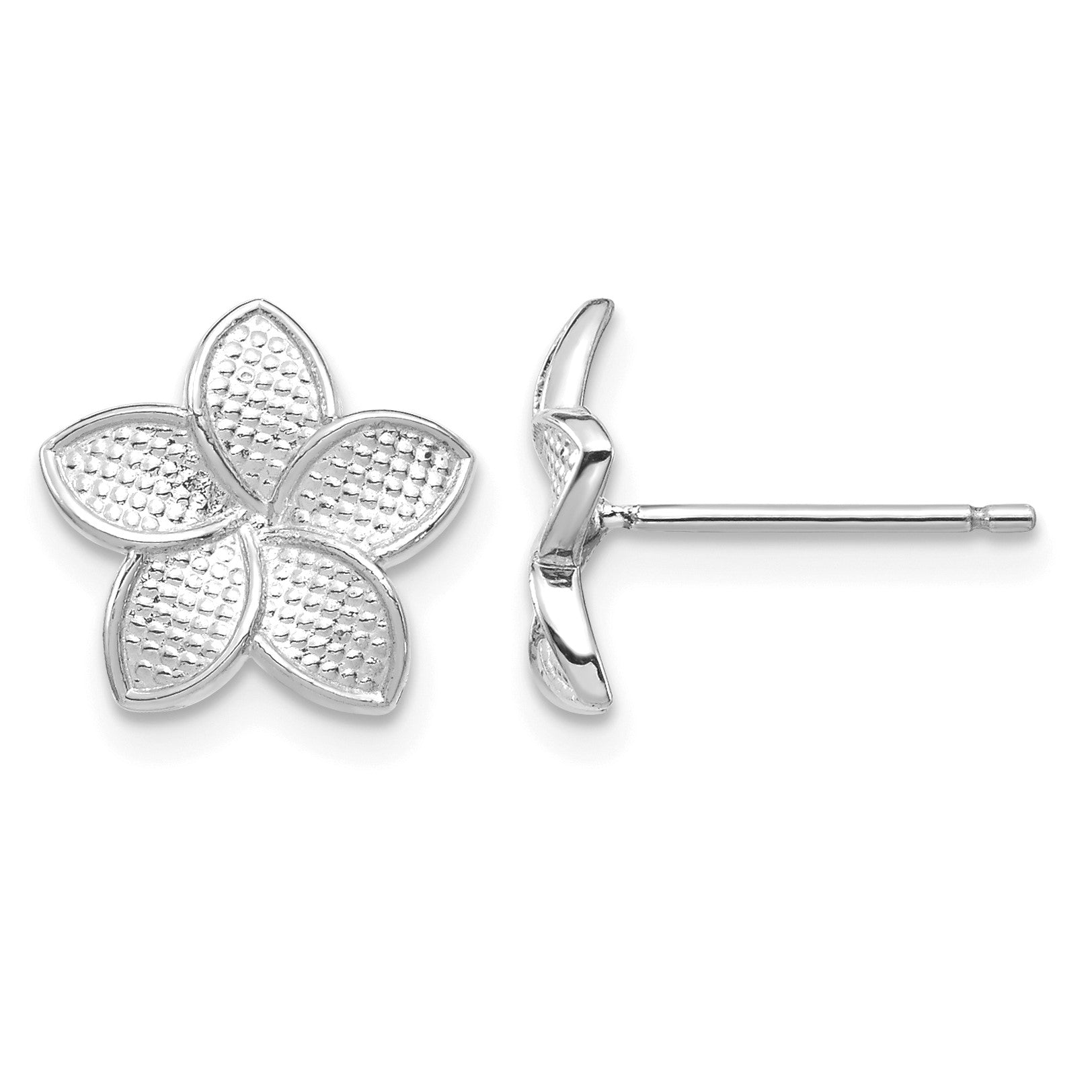 14K White Gold Polished and Textured Plumeria Post Earrings