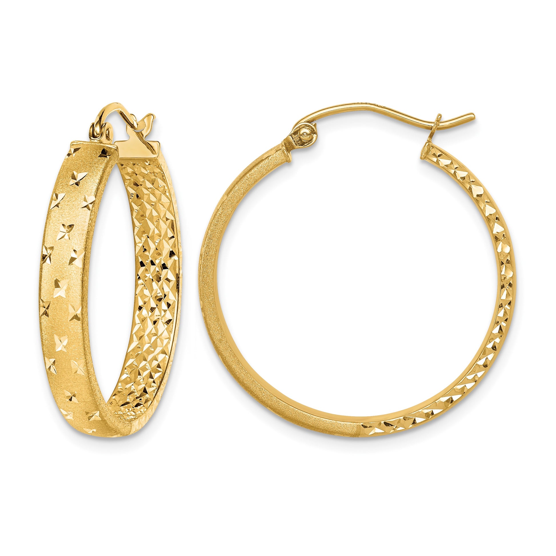 14k Satin and Polished Diamond-cut In/Out Hoop Earrings