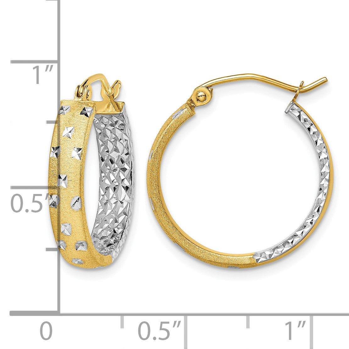 14k w/White Rhodium Satin Polished Diamond-cut In/Out Hoop Earrings