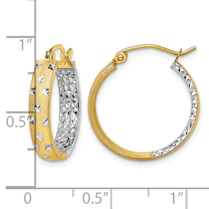 14k w/White Rhodium Satin Polished Diamond-cut In/Out Hoop Earrings