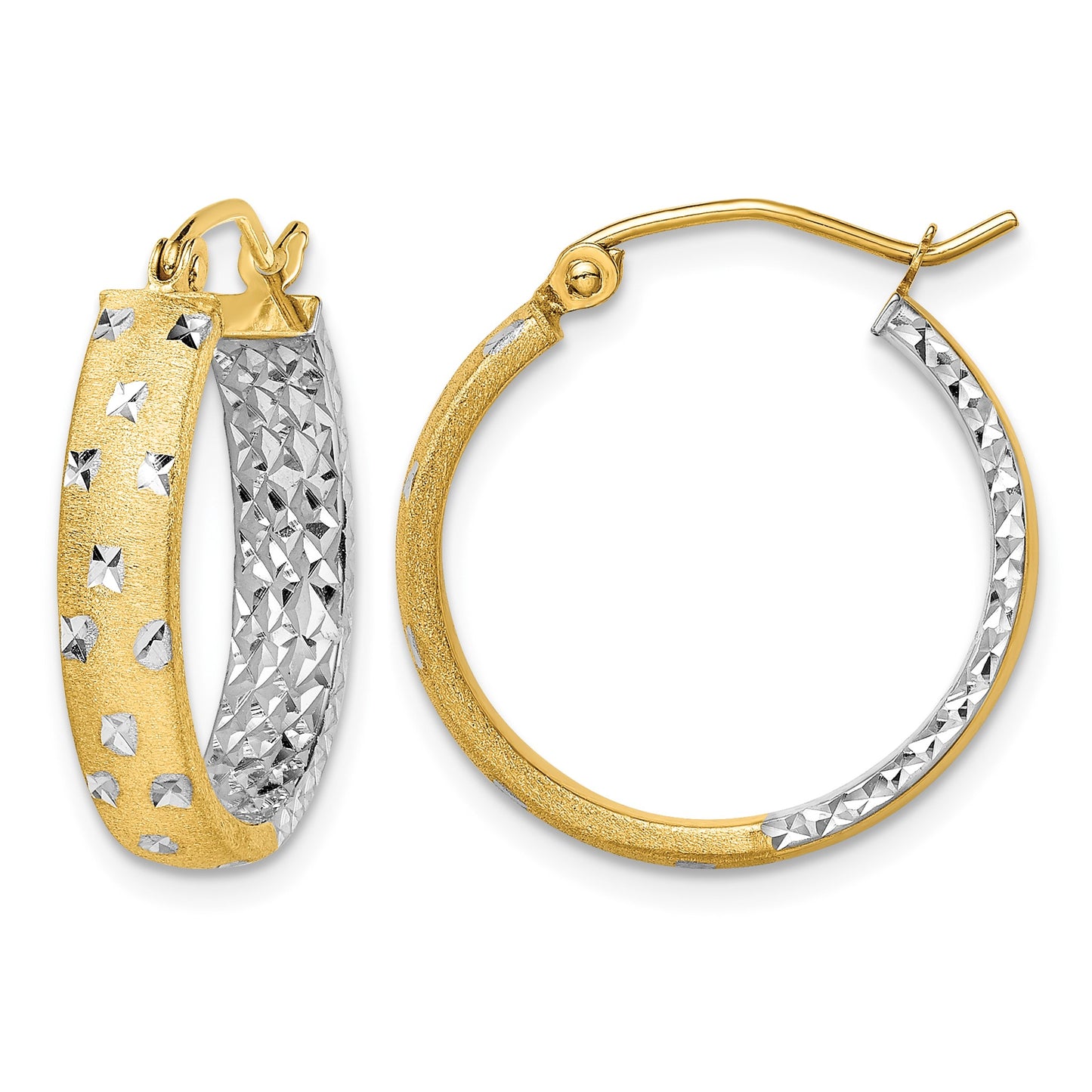 14k w/White Rhodium Satin Polished Diamond-cut In/Out Hoop Earrings