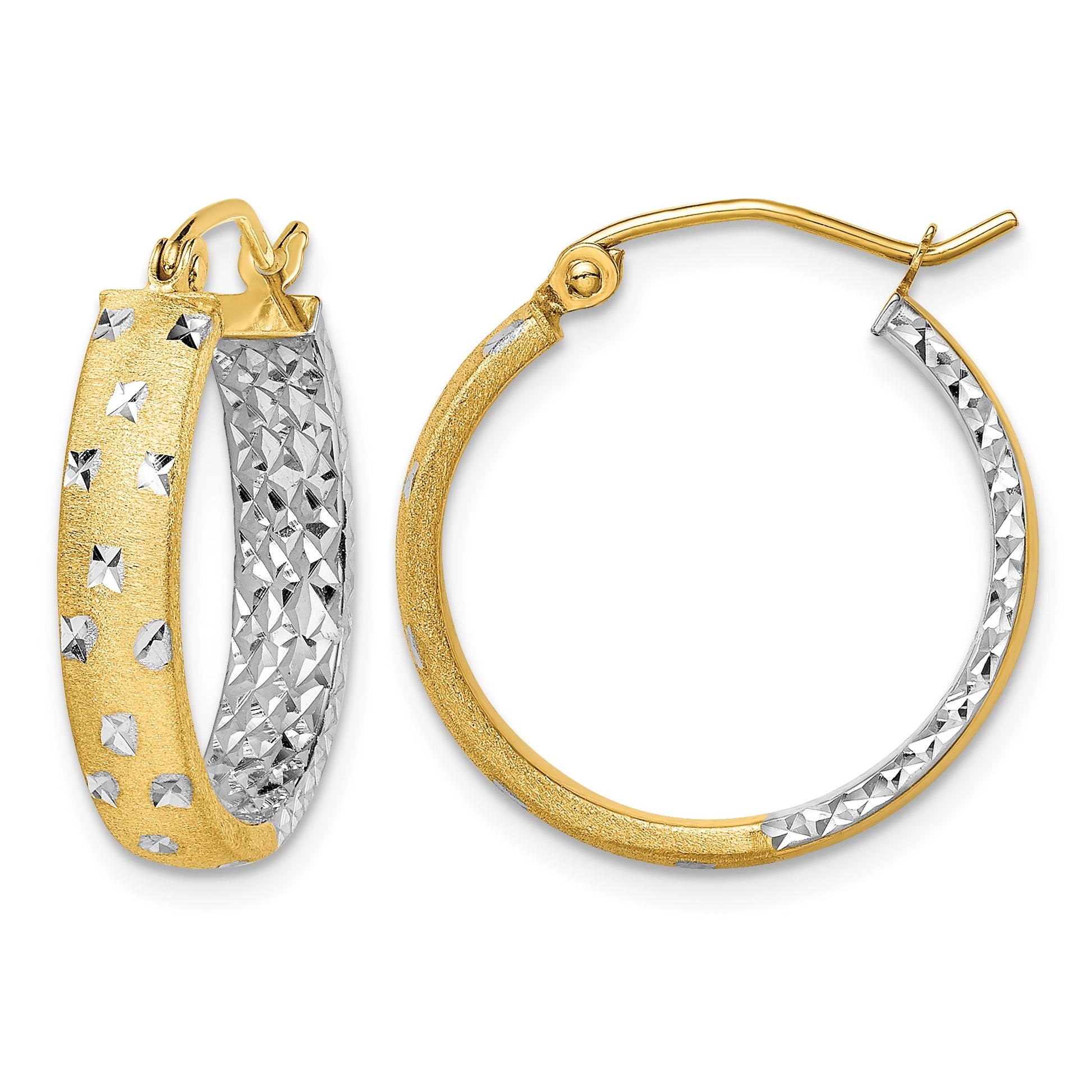 14k w/White Rhodium Satin Polished Diamond-cut In/Out Hoop Earrings