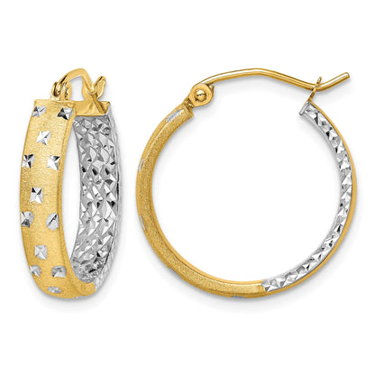 14k w/White Rhodium Satin Polished Diamond-cut In/Out Hoop Earrings