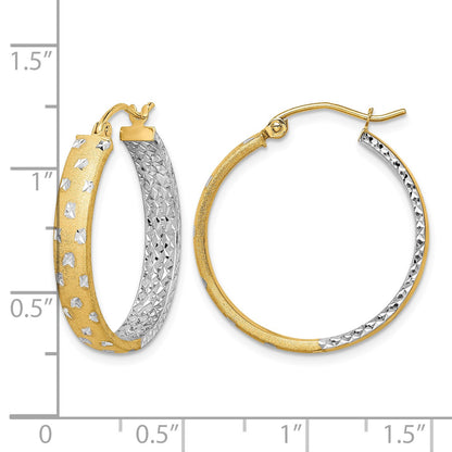 14k w/White Rhodium Polished Satin Diamond-cut In/Out Hoop Earrings