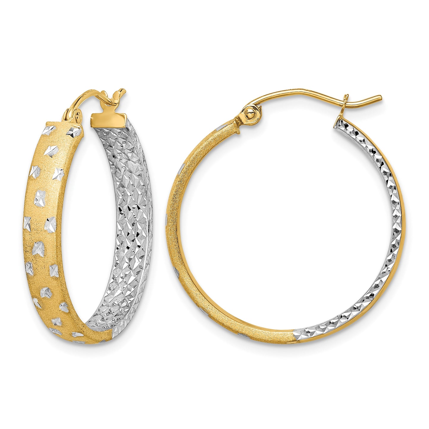14k w/White Rhodium Polished Satin Diamond-cut In/Out Hoop Earrings