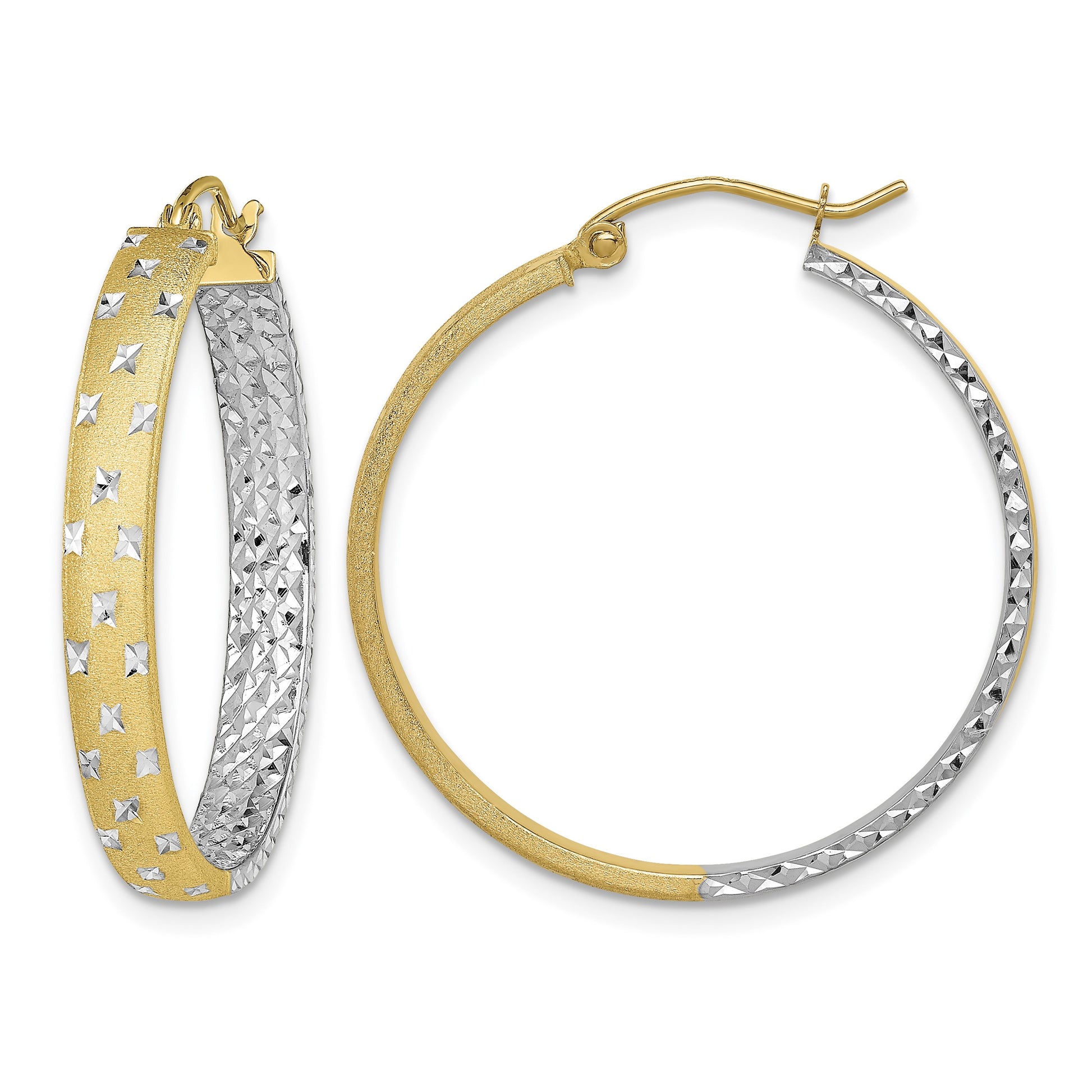 14k w/White Rhodium Polished Satin Diamond-cut In/Out Hoop Earrings