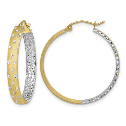 14k w/White Rhodium Polished Satin Diamond-cut In/Out Hoop Earrings