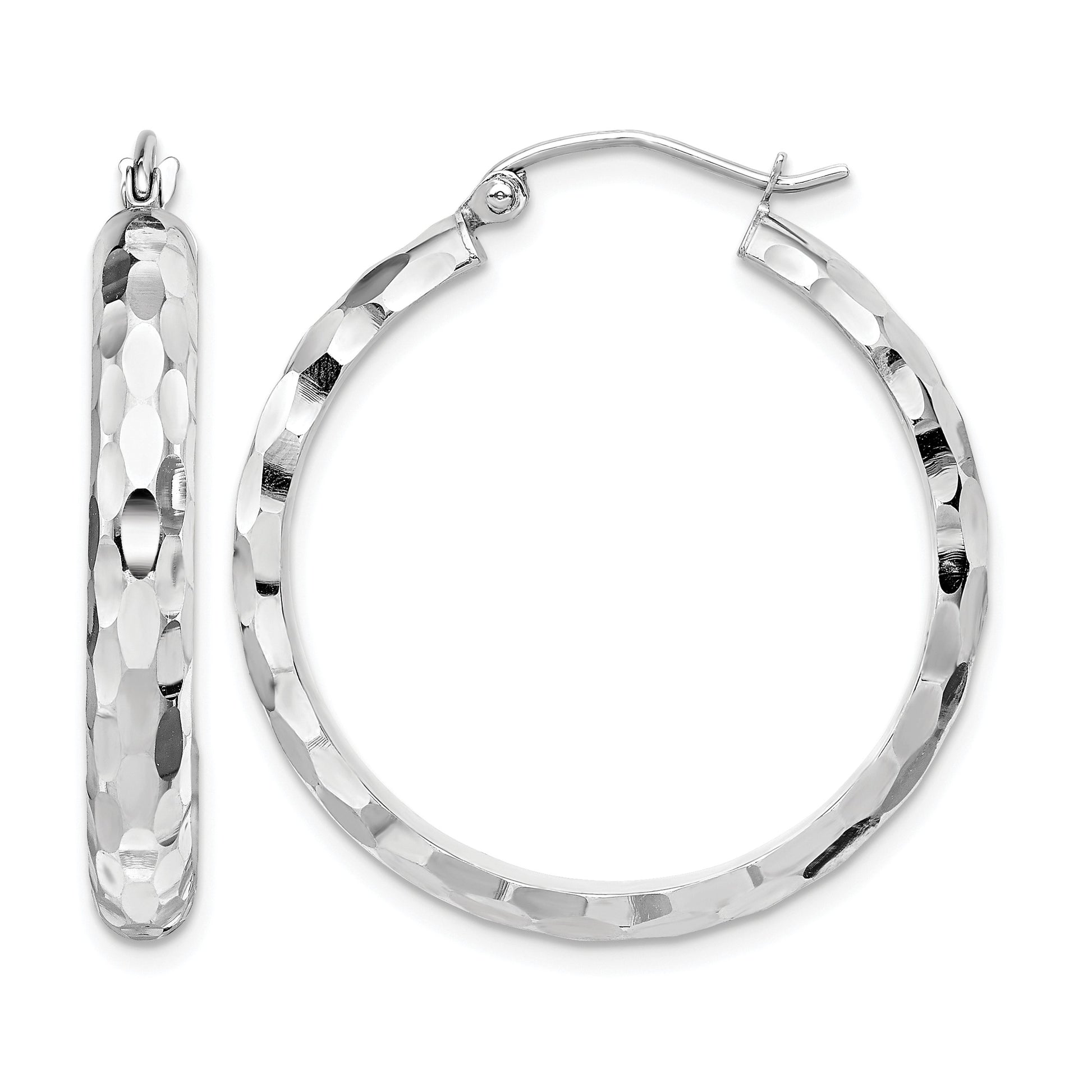 14k White Gold Diamond-cut Hoop Earrings