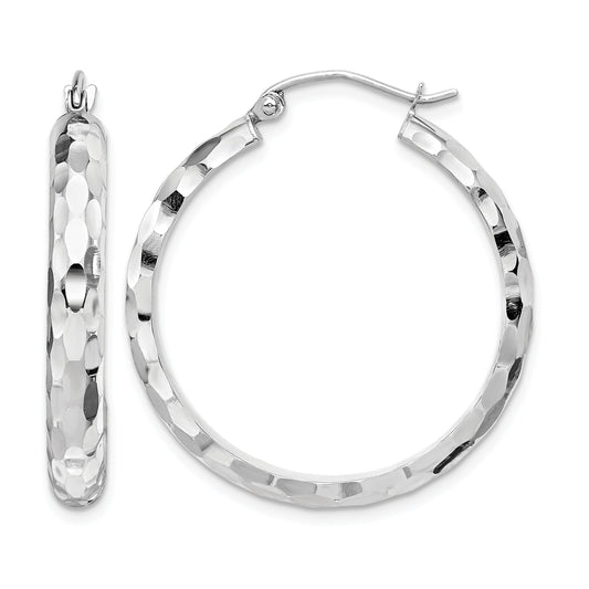 14k White Gold Diamond-cut Hoop Earrings