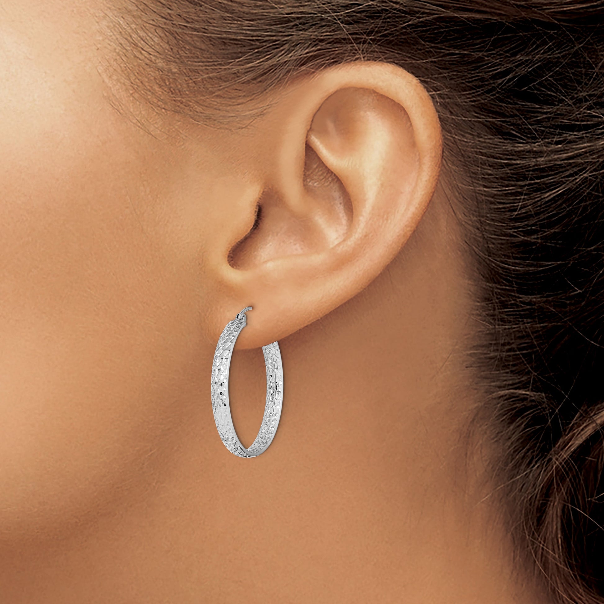14k White Gold 3.75x30mm Polished Diamond-cut Inside and Out Fancy Tube Hoop Earrings
