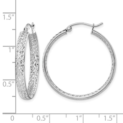 14k White Gold 3.75x30mm Polished Diamond-cut Inside and Out Fancy Tube Hoop Earrings