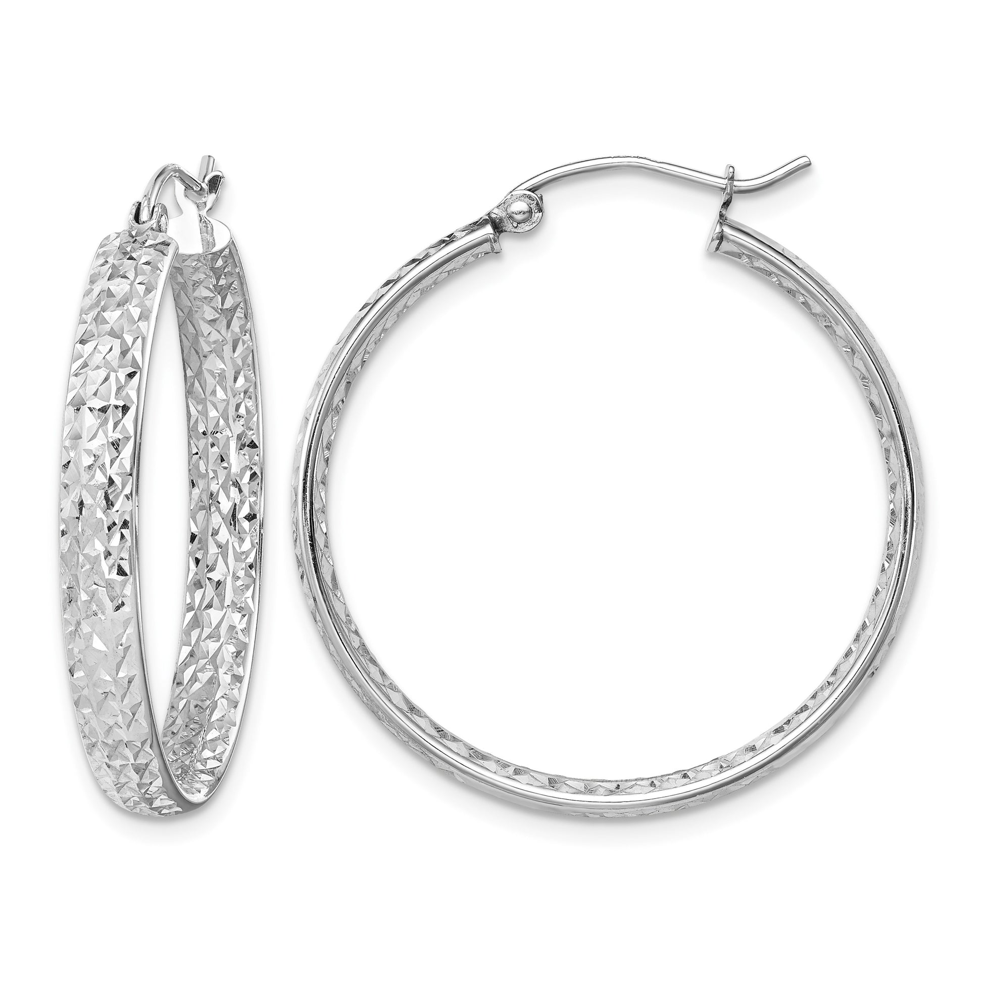 14k White Gold 3.75x30mm Polished Diamond-cut Inside and Out Fancy Tube Hoop Earrings