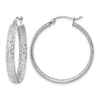 14k White Gold 3.75x30mm Polished Diamond-cut Inside and Out Fancy Tube Hoop Earrings