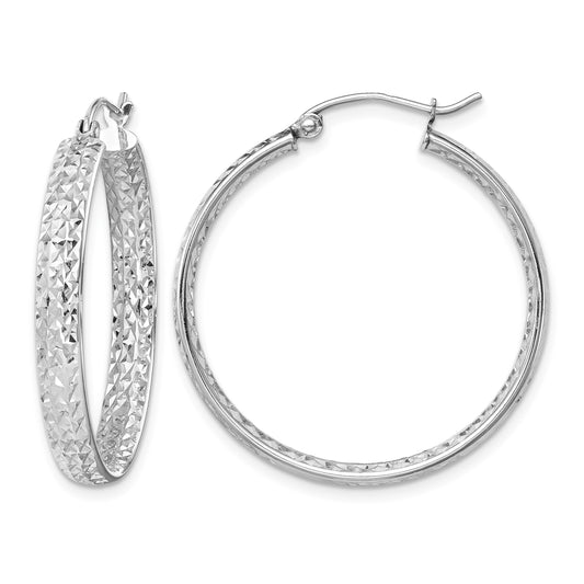 14k White Gold 3.75x30mm Polished Diamond-cut Inside and Out Fancy Tube Hoop Earrings
