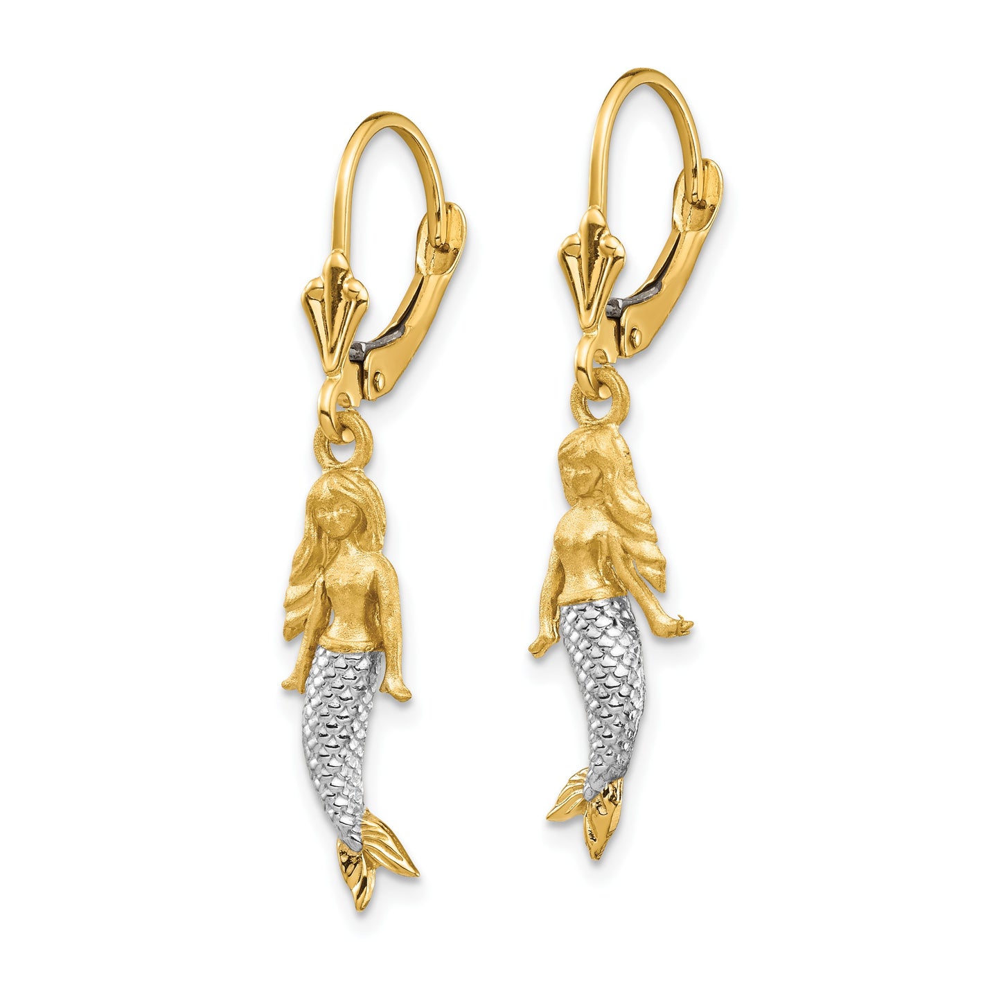 14K and White Rhodium Brushed and Polished Mermaid Dangle Leverback Earrings