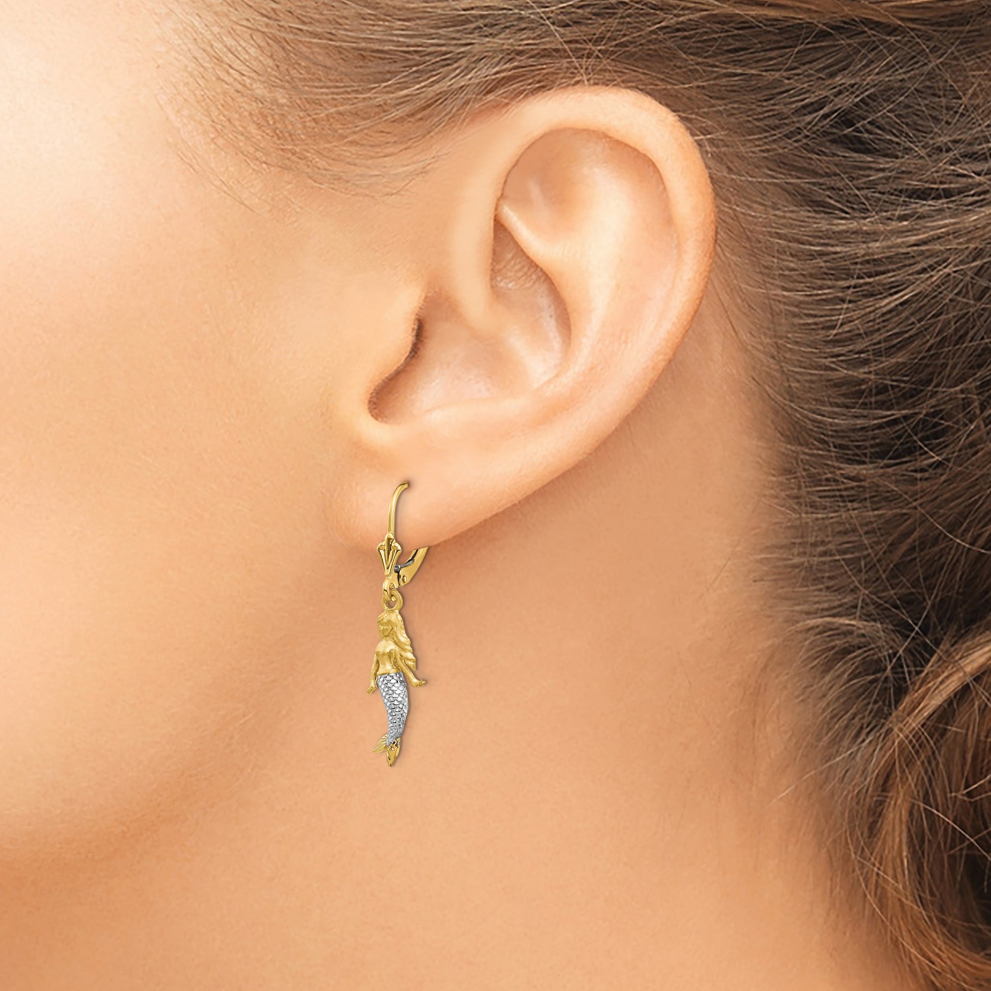 14K and White Rhodium Brushed and Polished Mermaid Dangle Leverback Earrings