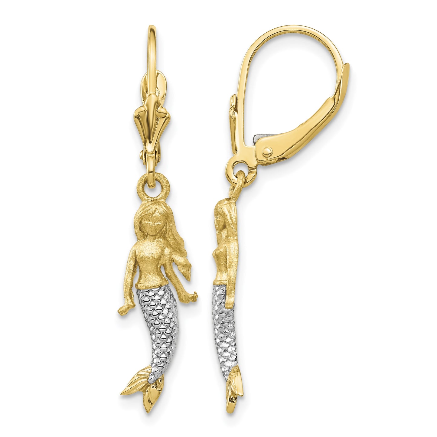 14K and White Rhodium Brushed and Polished Mermaid Dangle Leverback Earrings