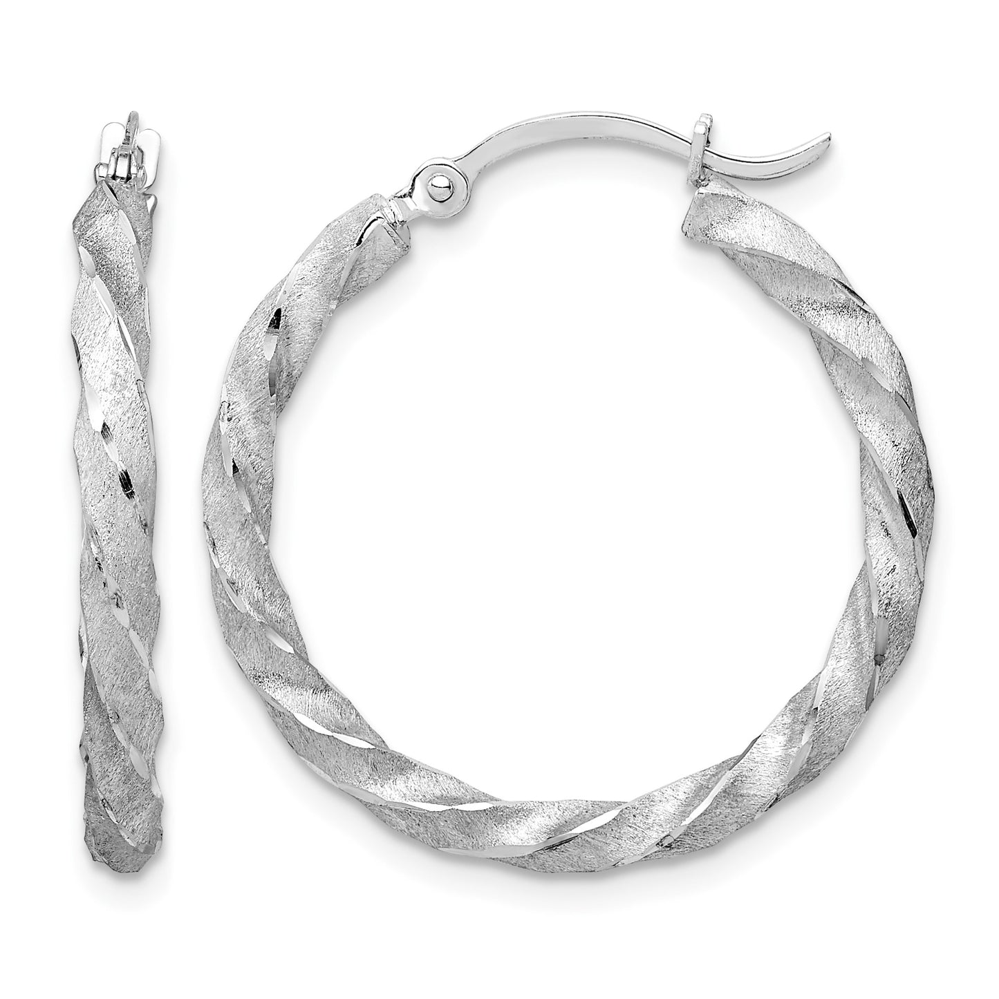 14K White Gold Twisted Satin Diamond-Cut Hoop Earrings