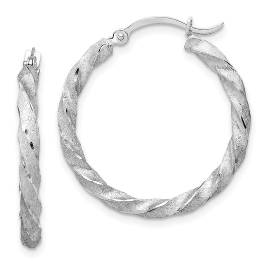 14K White Gold Twisted Satin Diamond-Cut Hoop Earrings